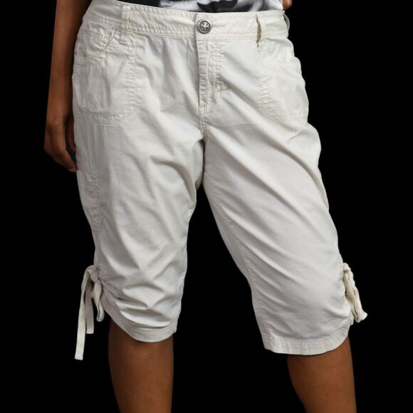 Vintage Cargo Capri Shorts Beige Bermuda Low Rise Embroidery Ruched Y2K Size 10 - Picture 8 of 13